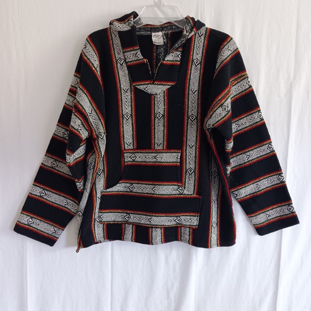 Frank's Textiles Baja Hoodie Mens M Black Striped Mexican Poncho